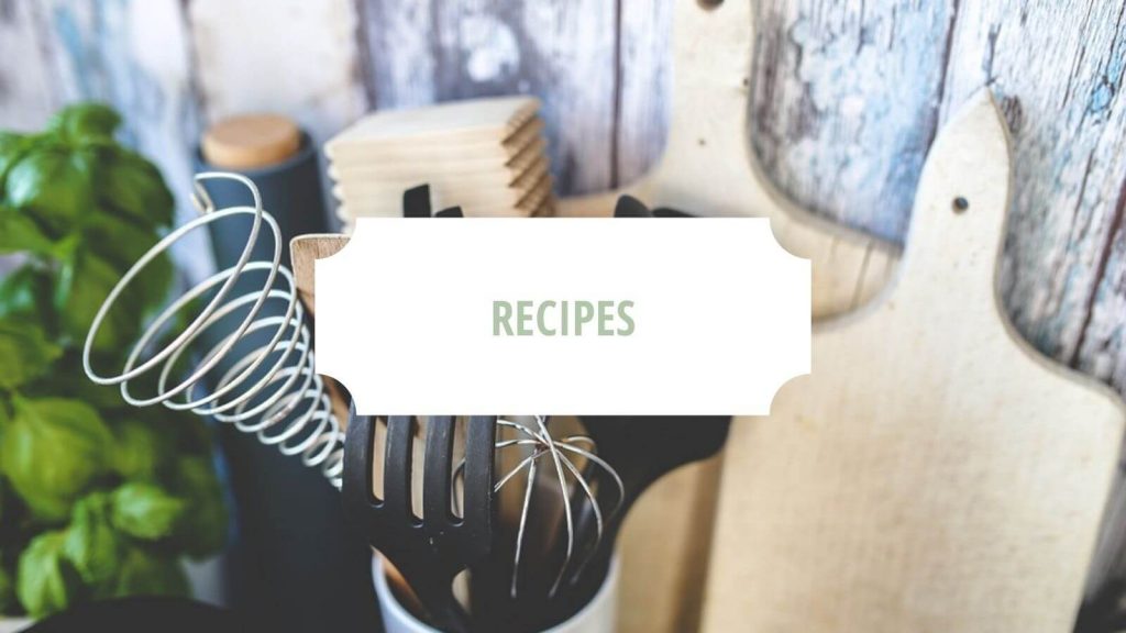 Kitchen utensils with the word "recipes" in green on a white block | root Nutrition & education