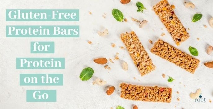 Protein Bars with Words Saying Gluten Free Protein Bars for Protein On the Go In white lettering against a turquoise border | Gluten Free Protein Bars | Root Nutrition Education & Counseling