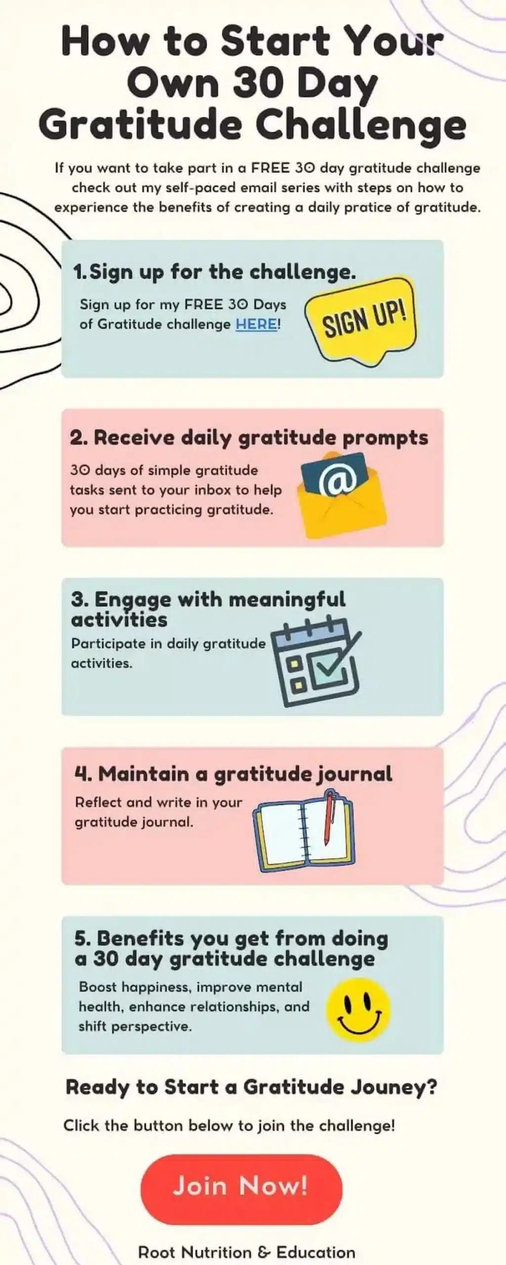 How to start your own 30 day gratitude challenge infographic | Root Nutrition & Education